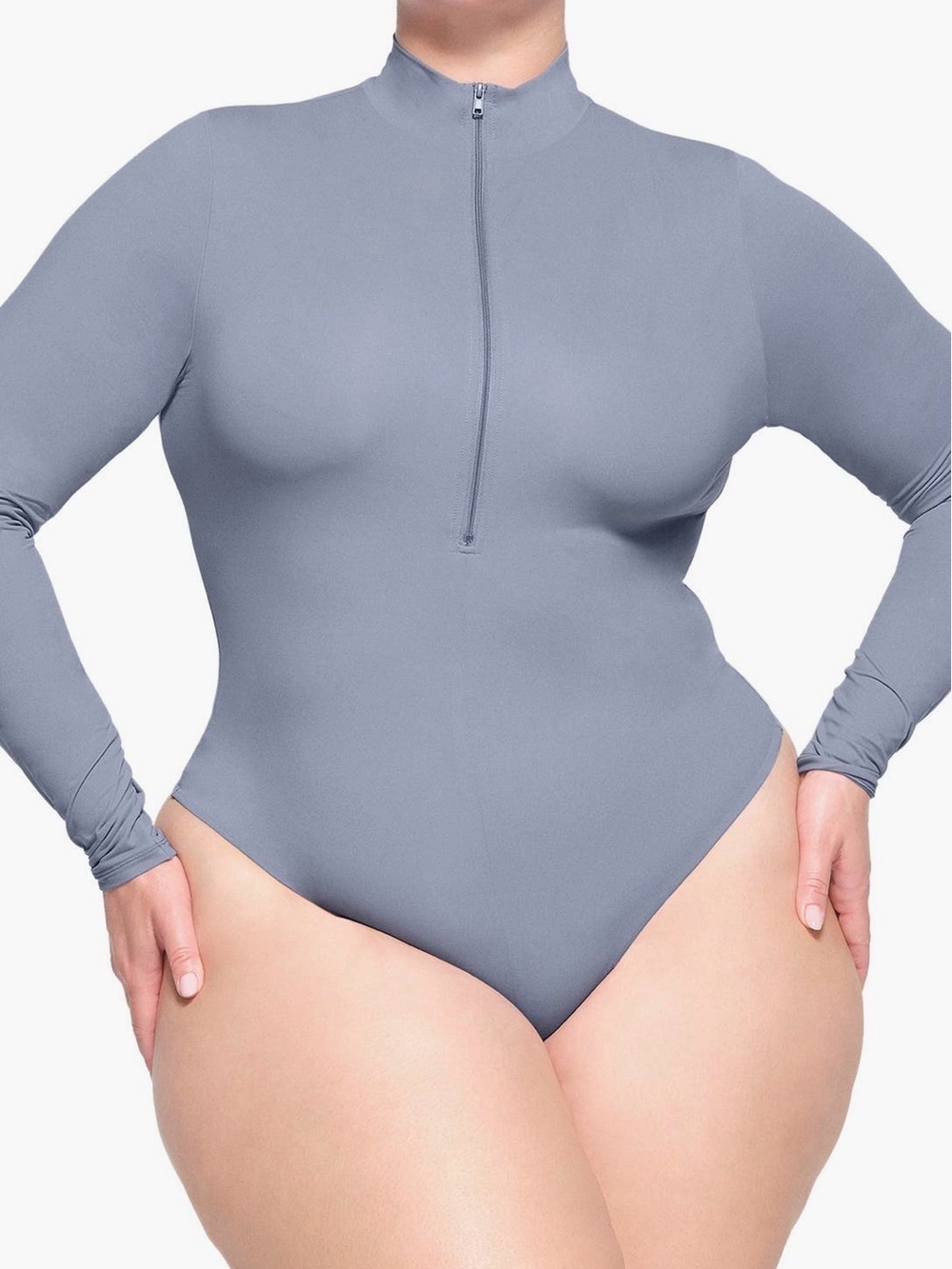Skims Long Sleeve Zip Front Bodysuit - Slate Blue Gray